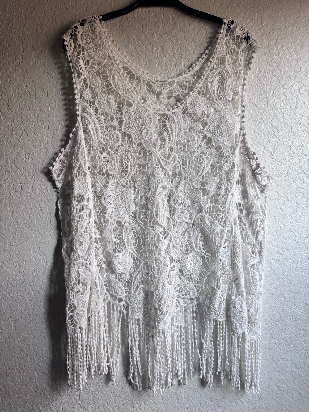 Boho Crochet Lace Fringe Tank Top White Plus Size 2XL Cotton Festival